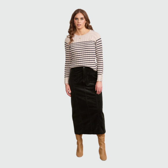 Mid Length Cord Skirt Front Panel Seams